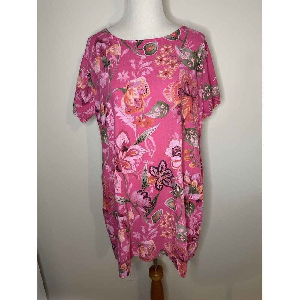 Saga Made In Italy Floral Linen Dress Pink Short Sleeve #1307